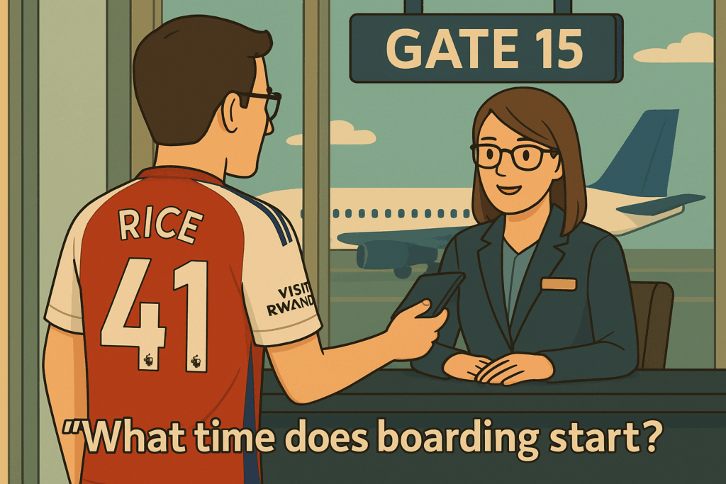 空港で覚えたてのブリティッシュ英会話を駆使して搭乗開始時刻を確認するライス推しの男性