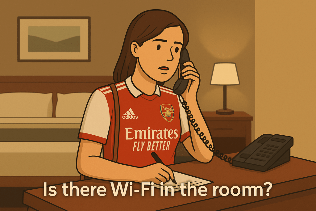部屋のWi-Fiについて確認するアーセナルユニを着た旅行者