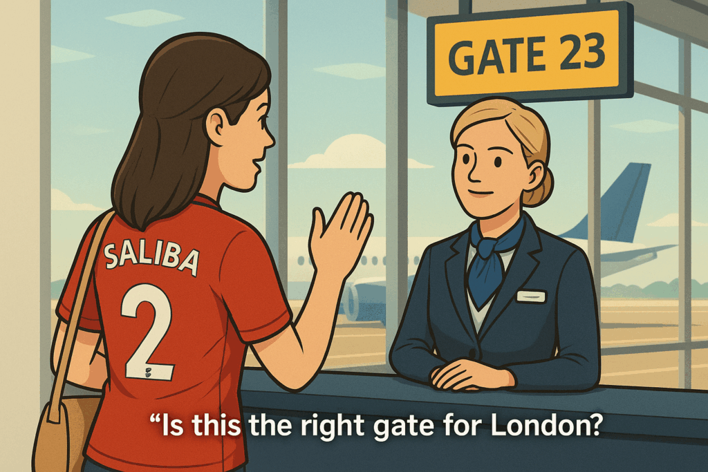 空港でイギリス・ロンドン行きの搭乗口を英会話で尋ねるサリバ推しの女性