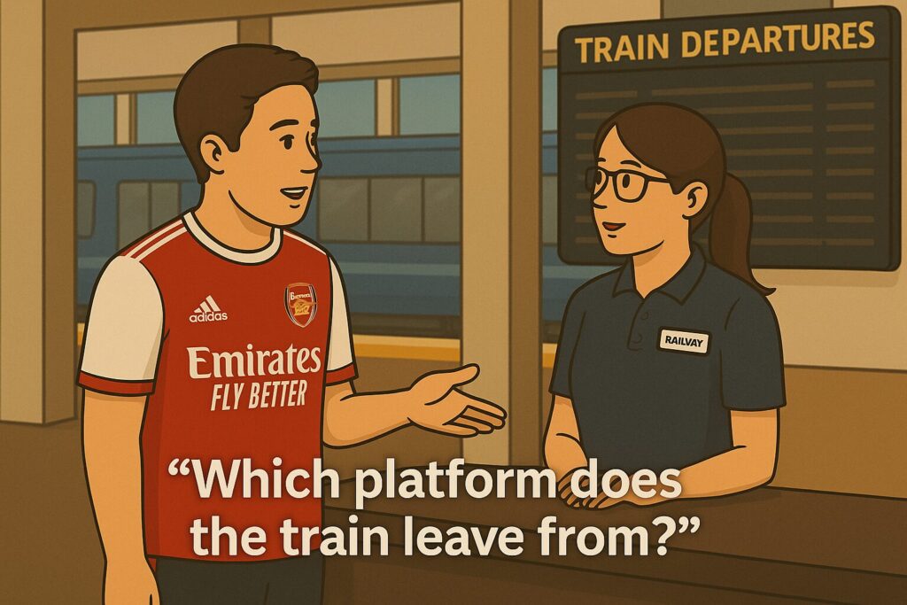 駅員にホームを尋ねるアーセナルユニを着たサミル・ナスリ